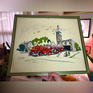 Vintage fire truck crewel wall art